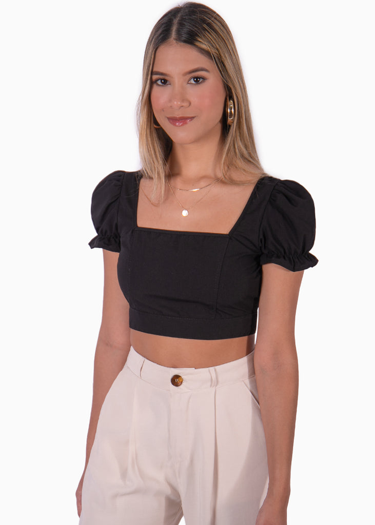 Crop top negro con escote cuadrado y anudado en la espalda para mujer Flashy
