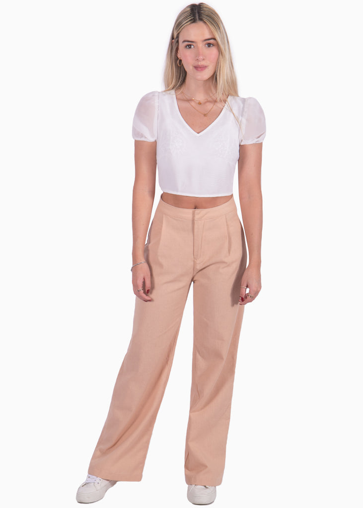 Crop top blanco con escote en v y mangas embombadas para mujer Flashy
