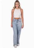 Crop top con escote halter y textura de encaje color blanco, marfil para mujer - Flashy