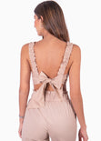 Crop top con tiras de ruche y escote anudado color rosado para mujer - Flashy