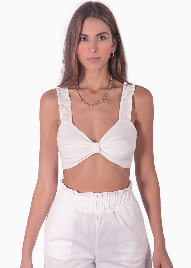 Crop top blanco con tiras de ruche y escote anudado para mujer Flashy