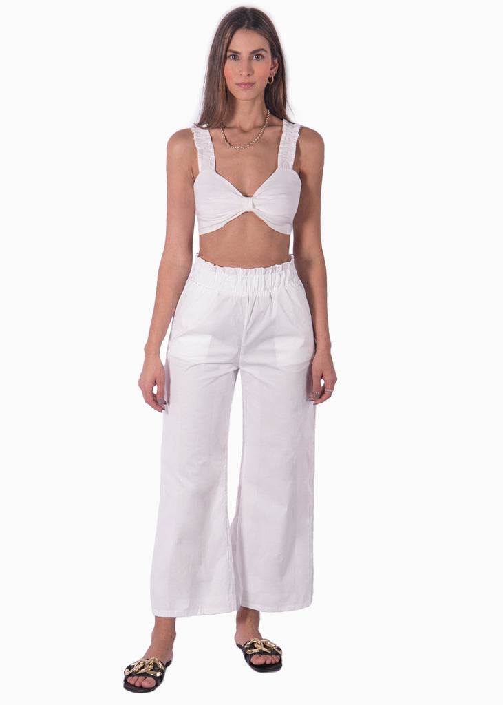 Crop top blanco con tiras de ruche y escote anudado para mujer Flashy