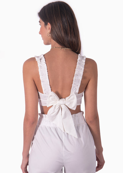 Crop top blanco con tiras de ruche y escote anudado para mujer Flashy