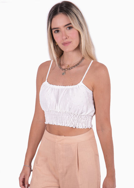 Crop top blanco de tiras con recogido para mujer Flashy