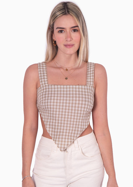 Crop top beige de tiras con tela de cuadros y escote cuadrado para mujer Flashy