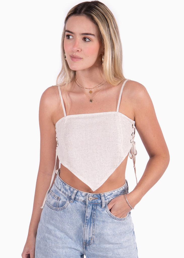 Crop top beige de tiras tipo pañoleta para mujer Flashy