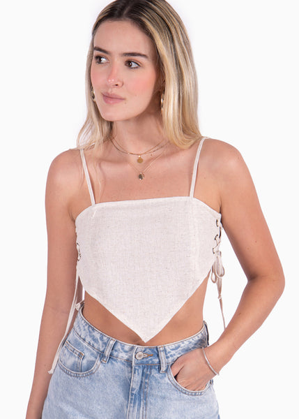 Crop top beige de tiras tipo pañoleta para mujer Flashy