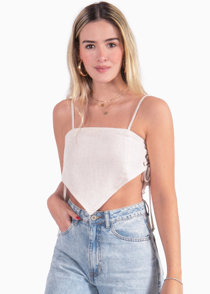 Crop top beige de tiras tipo pañoleta para mujer Flashy
