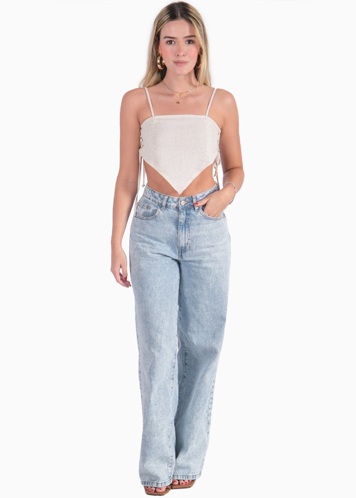 Crop top beige de tiras tipo pañoleta para mujer Flashy