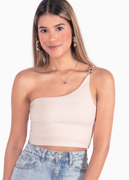 Crop top beige de un solo hombro y cadena para mujer Flashy