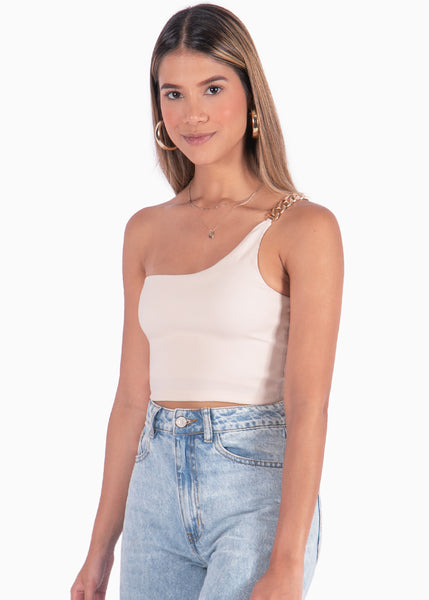 Crop top beige de un solo hombro y cadena para mujer Flashy