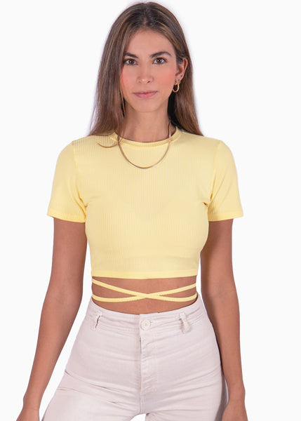 Crop top amarillo manga corta con cuello redondo y anudados para mujer Flashy