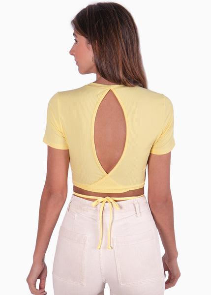 Crop top amarillo manga corta con cuello redondo y anudados para mujer Flashy