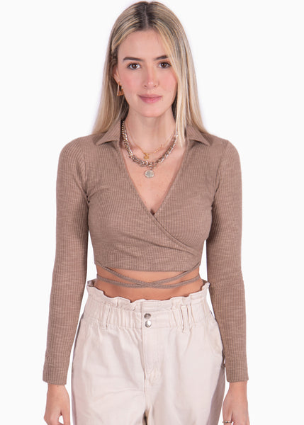 Crop top manga larga beige con escote en v y anudados para mujer Flashy