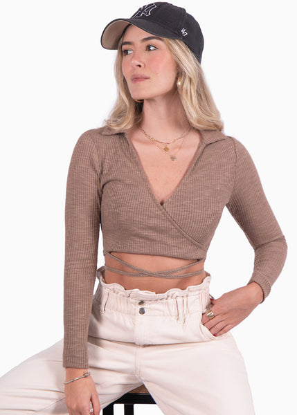 Crop top manga larga beige con escote en v y anudados para mujer Flashy