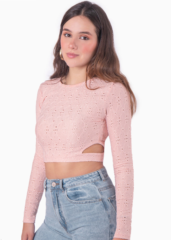 Crop top manga larga de ojalillo - MANOU
