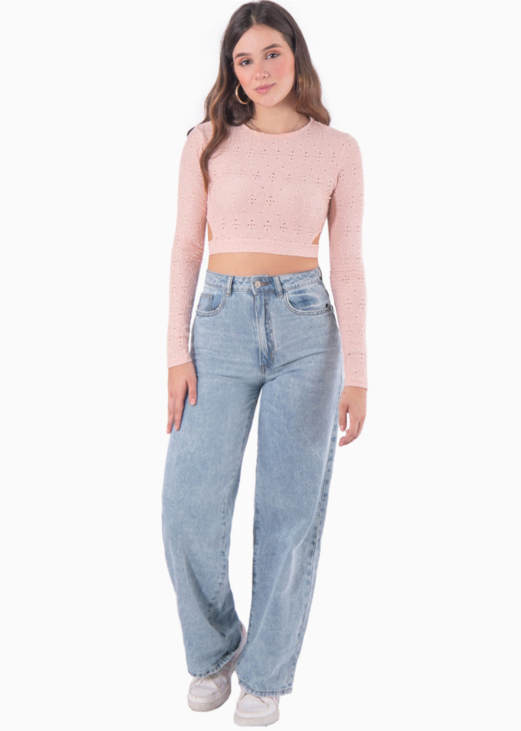 Crop top manga larga de ojalillo - MANOU