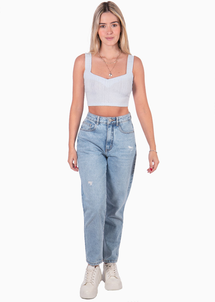 Crop top tejido azul de tiras con escote corazon para mujer Flashy