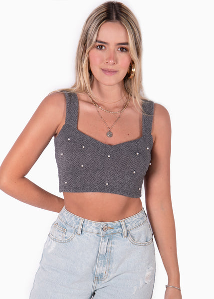 Crop top gris tejido de tiras con escote corazon para mujer Flashy