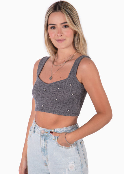 Crop top gris tejido de tiras con escote corazon para mujer Flashy