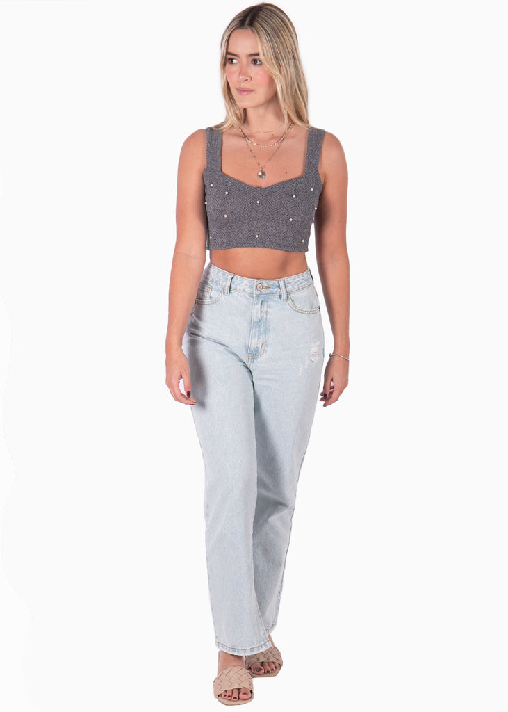 Crop top gris tejido de tiras con escote corazon para mujer Flashy