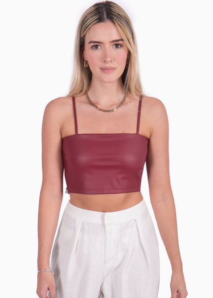 Crop top vino tipo cuero de tiras con escote cuadrado para mujer Flashy