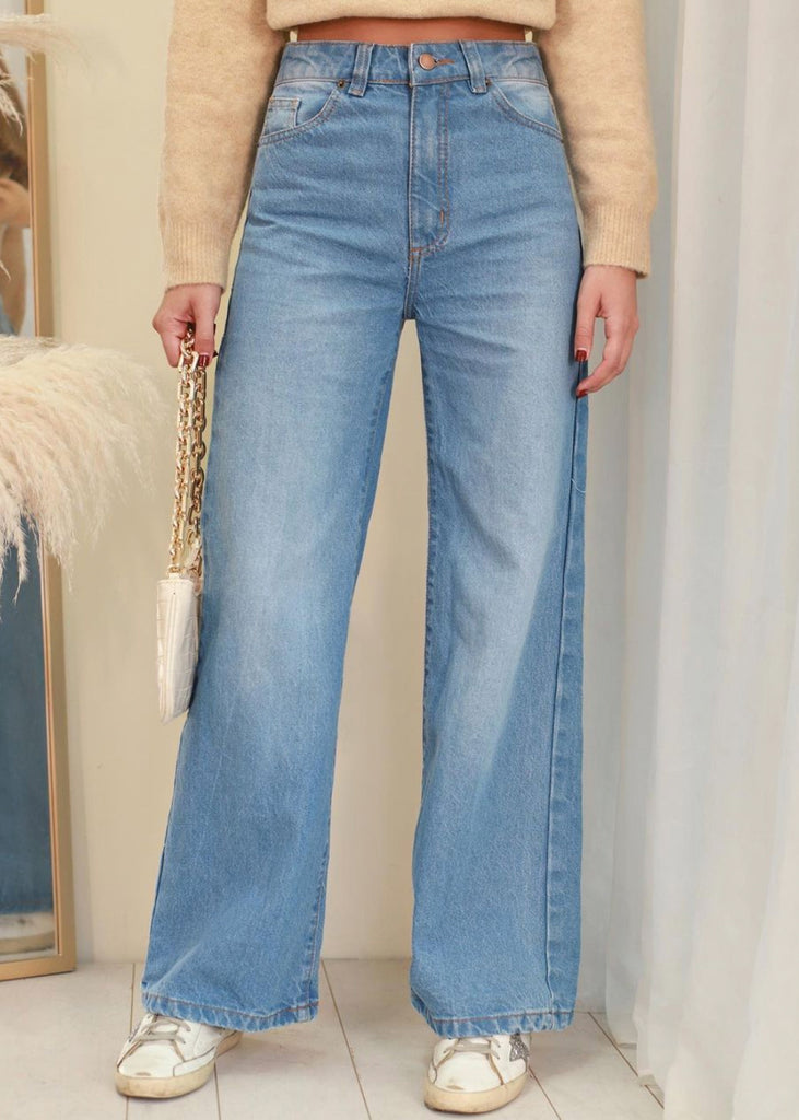 Jean tiro alto bota ancha color azul, denim para mujer - Flashy