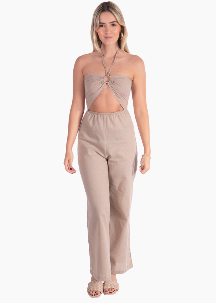 Enterizo café de pantalón con aro en escote para mujer Flashy