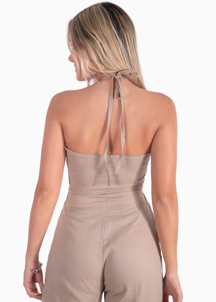 Enterizo café de pantalón con aro en escote para mujer Flashy