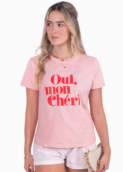 Camiseta rosa estampada "Oui, mon chéri" para mujer Flashy