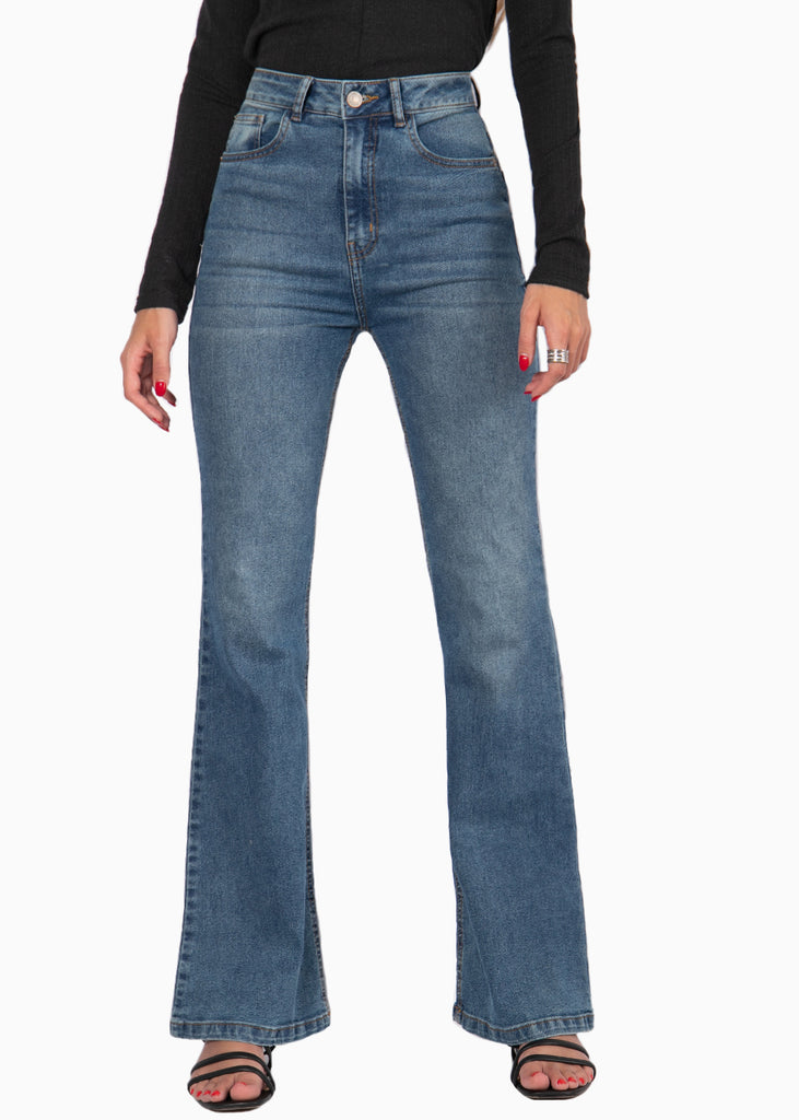 Jean flare bota ancha de tiro alto para mujer Flashy