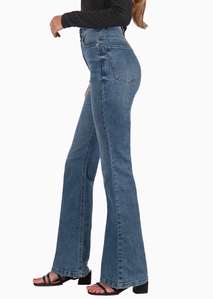 Jean flare bota ancha de tiro alto para mujer Flashy