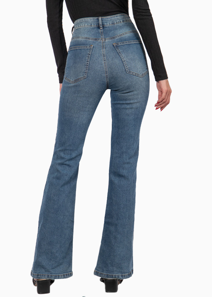 Jean flare bota ancha de tiro alto para mujer Flashy
