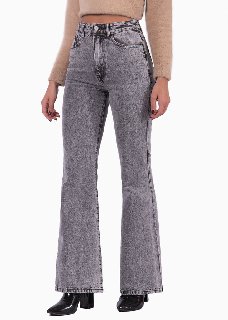Jean flare bota ancha de tiro alto para mujer Flashy