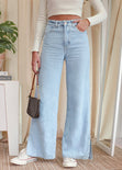 Jean tiro alto bota ancha color azul, denim para mujer - Flashy