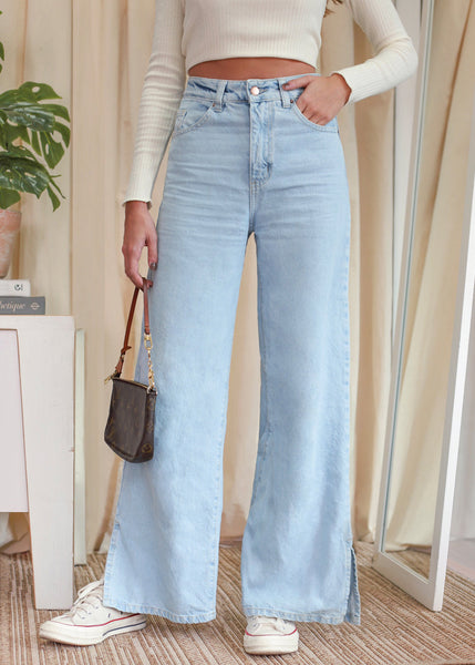 Jean tiro alto bota ancha color azul, denim para mujer - Flashy