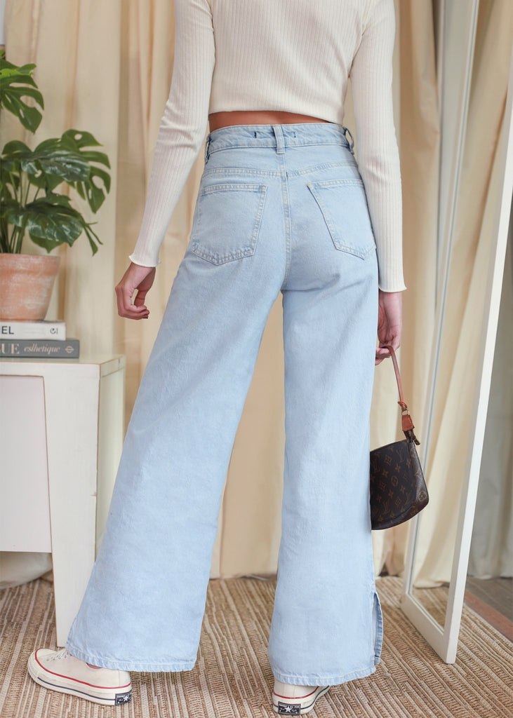 Jean tiro alto bota ancha color azul, denim para mujer - Flashy