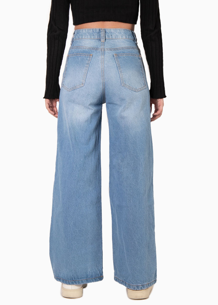 Jean tiro alto bota ancha color azul, denim para mujer - Flashy