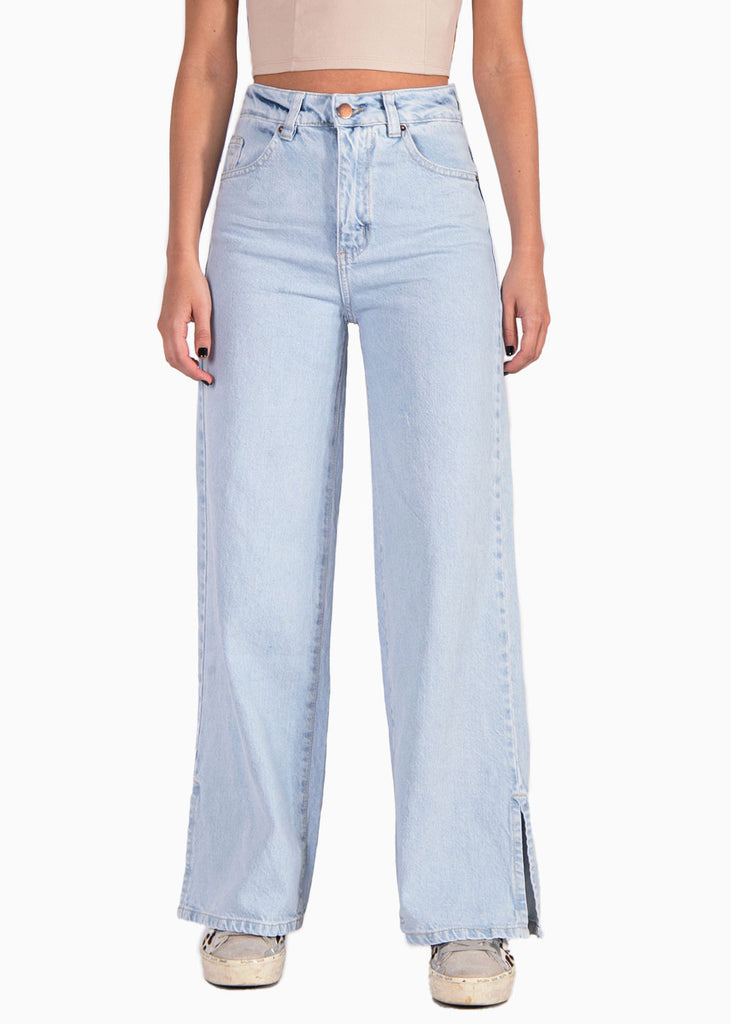 Jean tiro alto bota ancha color azul, denim para mujer - Flashy