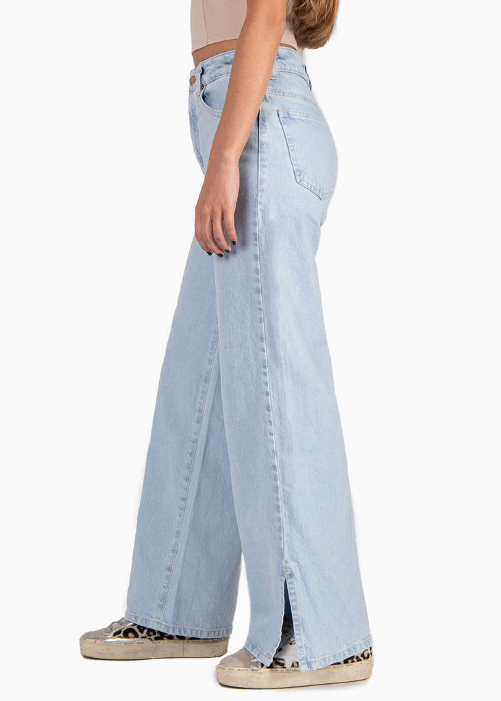 Jean tiro alto bota ancha color azul, denim para mujer - Flashy