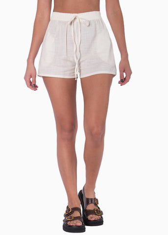 Short de tiro alto con elástico en cintura color beige, marfil, blanco para mujer - Flashy