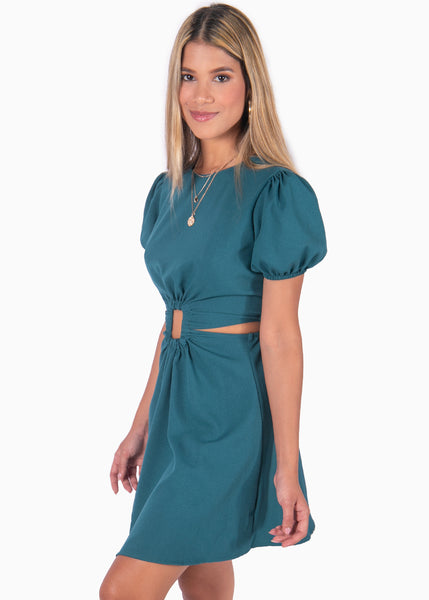 Vestido corto verde azul con aro y mangas abullonadas para mujer Flashy