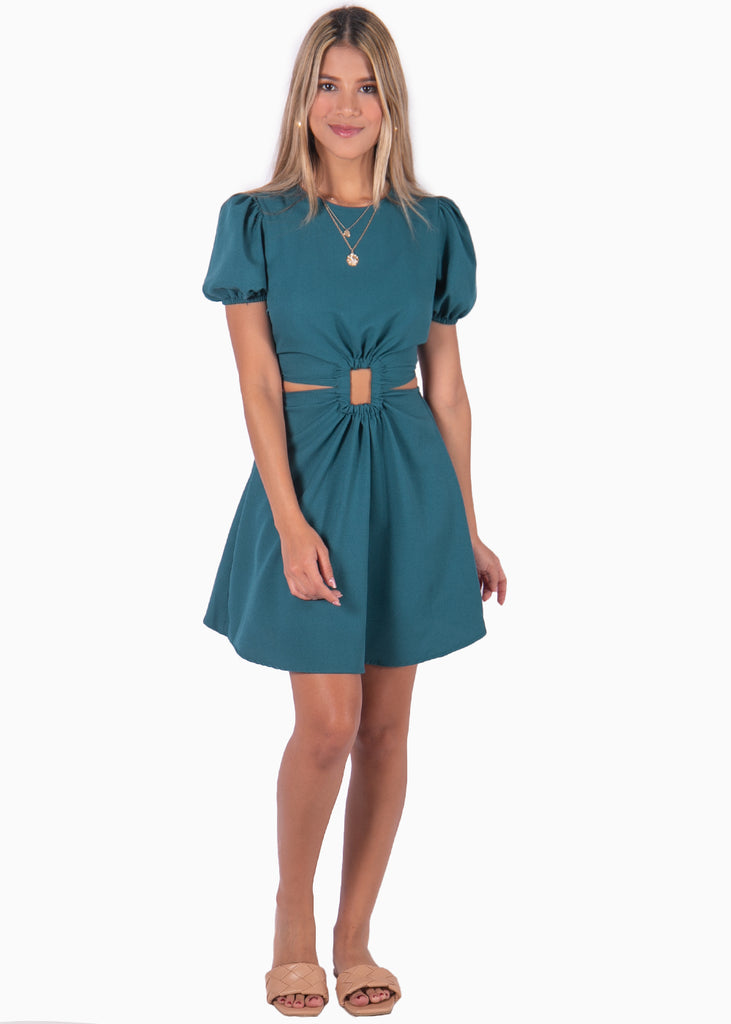 Vestido corto verde azul con aro y mangas abullonadas para mujer Flashy