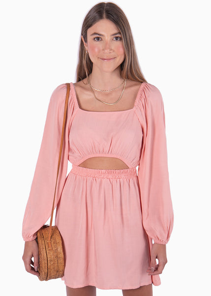 Vestido rosa corto con mangas largas y abertura para mujer Flashy