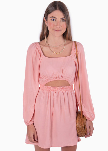 Vestido rosa corto con mangas largas y abertura para mujer Flashy