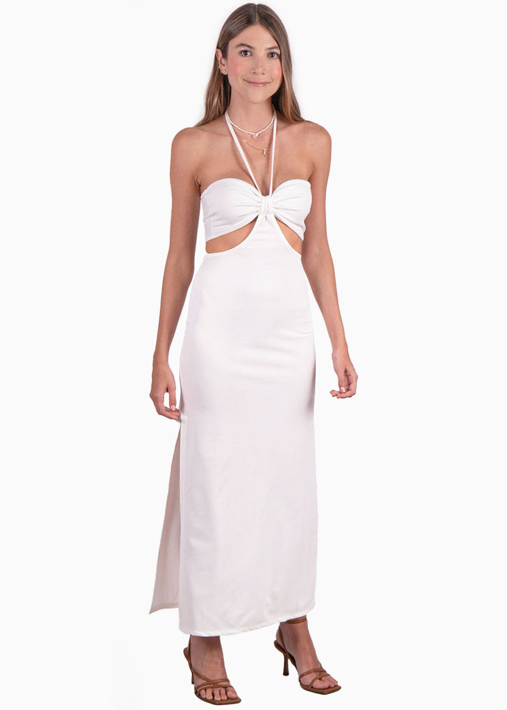 Vestido blanco largo strapless con aberturas en costados para mujer Flashy