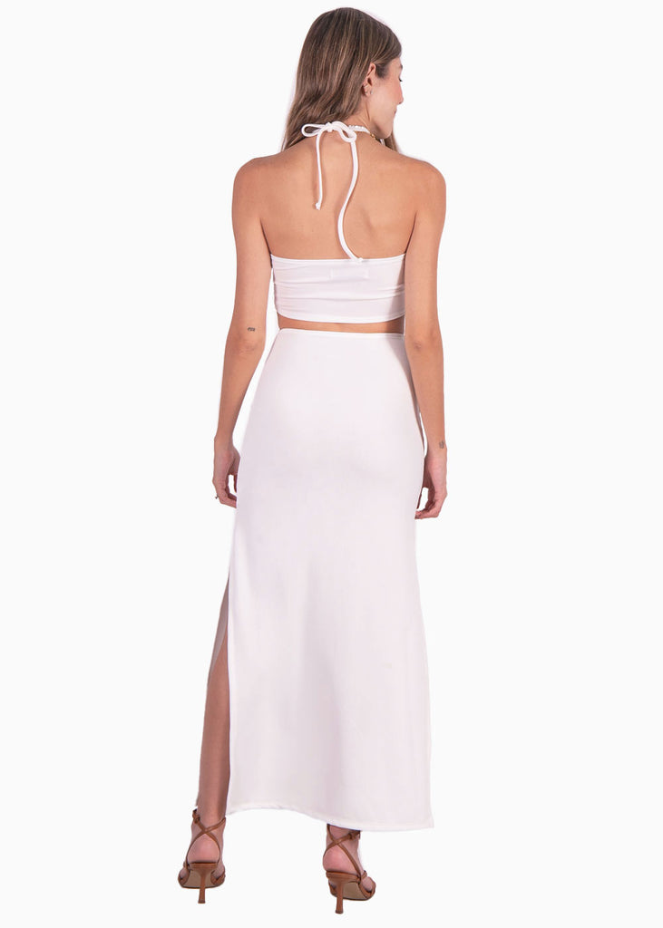 Vestido blanco largo strapless con aberturas en costados para mujer Flashy
