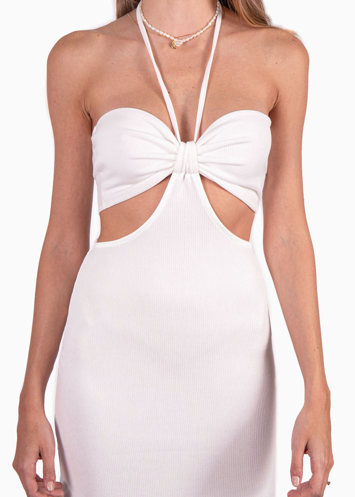 Vestido blanco largo strapless con aberturas en costados para mujer Flashy